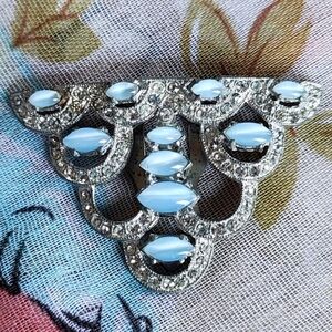 Women's Vintage Rhinestone Blue Cat's Eye Navettte Silver Tone Dress Money Clip